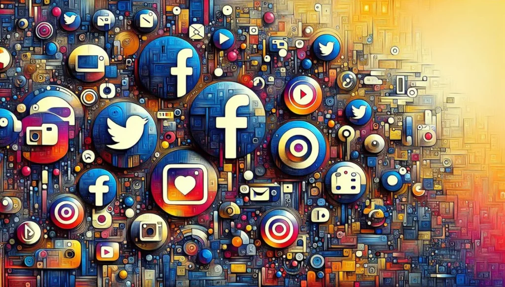 An illustration depicting various social media platforms in an abstract background.