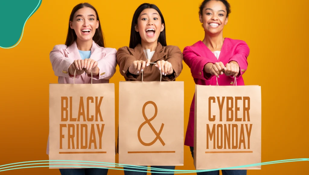 Three Happy Women Showing Blank Shopper Bags Standing.