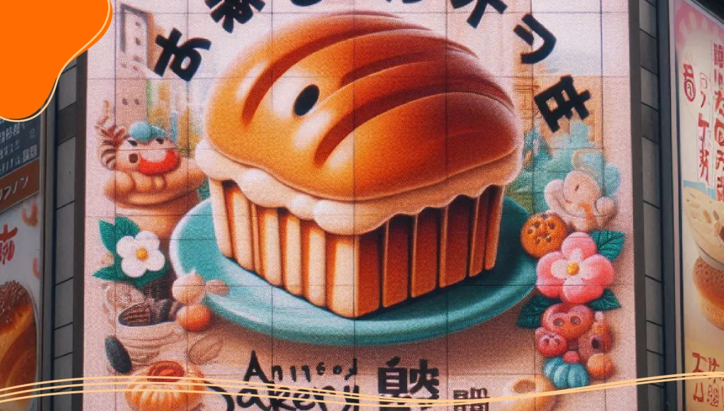 An animated logo on a video screen on the front of a bakery in Osaka, Japan