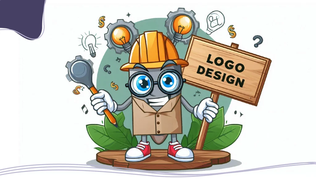 An animation character holding up a sign which reads Logo Design