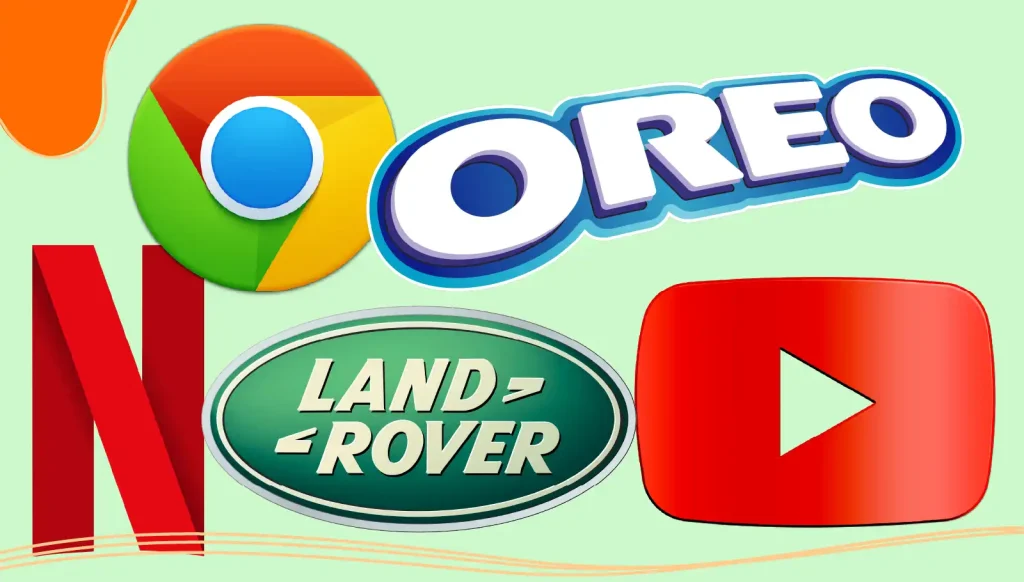 Google Chrome, Oreo, Netflix, Land Rover, and YouTube play button 3D logos