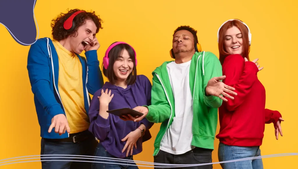 A team of people wearing colorful branded hoodies