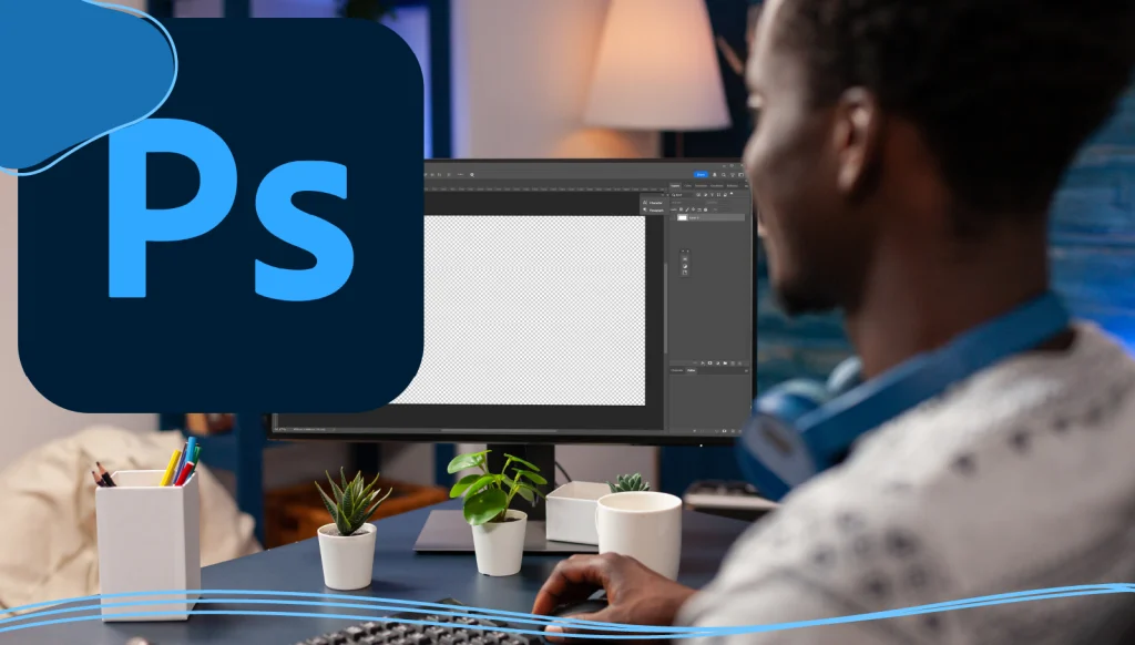 A person learning how to create a business card in Photoshop on a computer