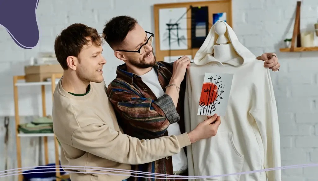 Two men looking at a design for custom hoodies.